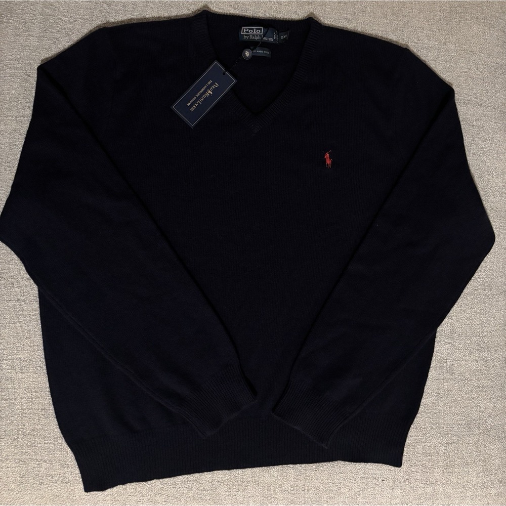Polo Ralph Lauren Men's Sweater 100% Lambs Wool Navy V-Neck XXL Long Sleeve NWT - Picture 12 of 16